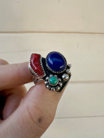 Coral Lapis and Turquoise Ring Size 7