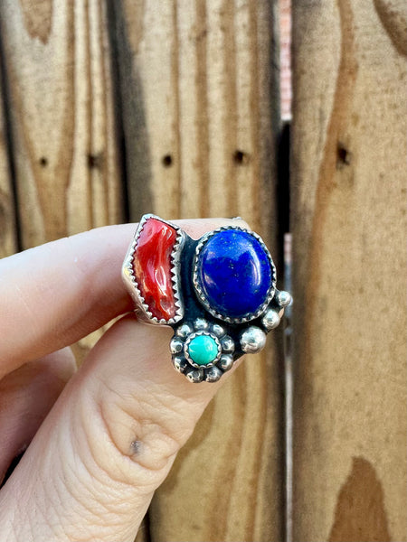 Coral Lapis and Turquoise Ring Size 7