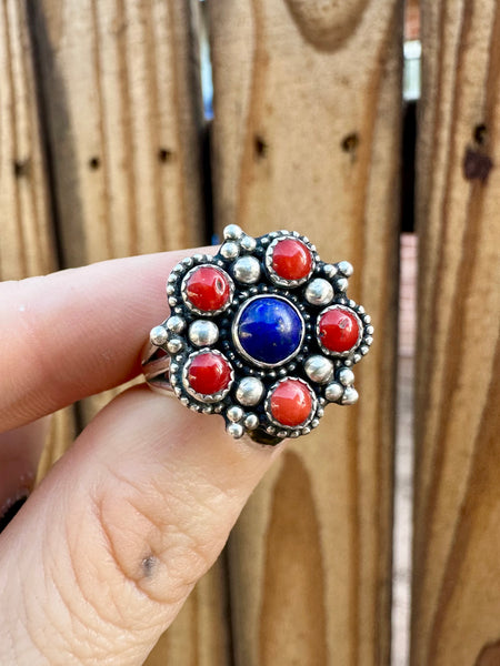 Lapis and Coral Ring Size 8